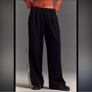 ANTHROPOLOGIE Maeve Pull On Track Pants Wide Leg Black Side Stripe Comfy M